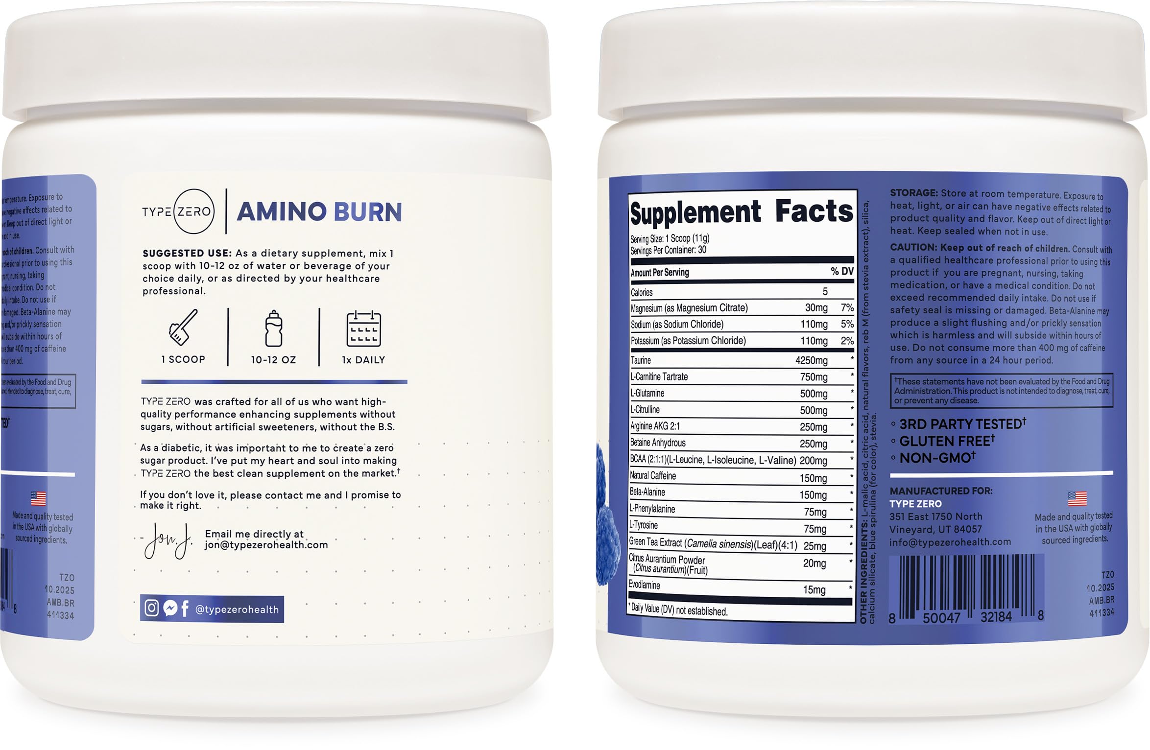 Close-up of Type Zero Amino Burn Vegan BCAA Powder ingredients list