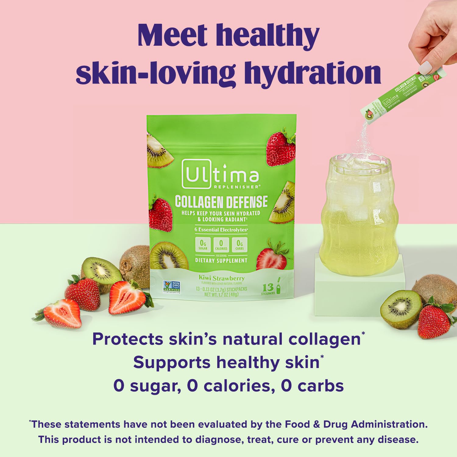 Close-up of Ultima Replenisher Collagen Defense Electrolyte Powder Packets