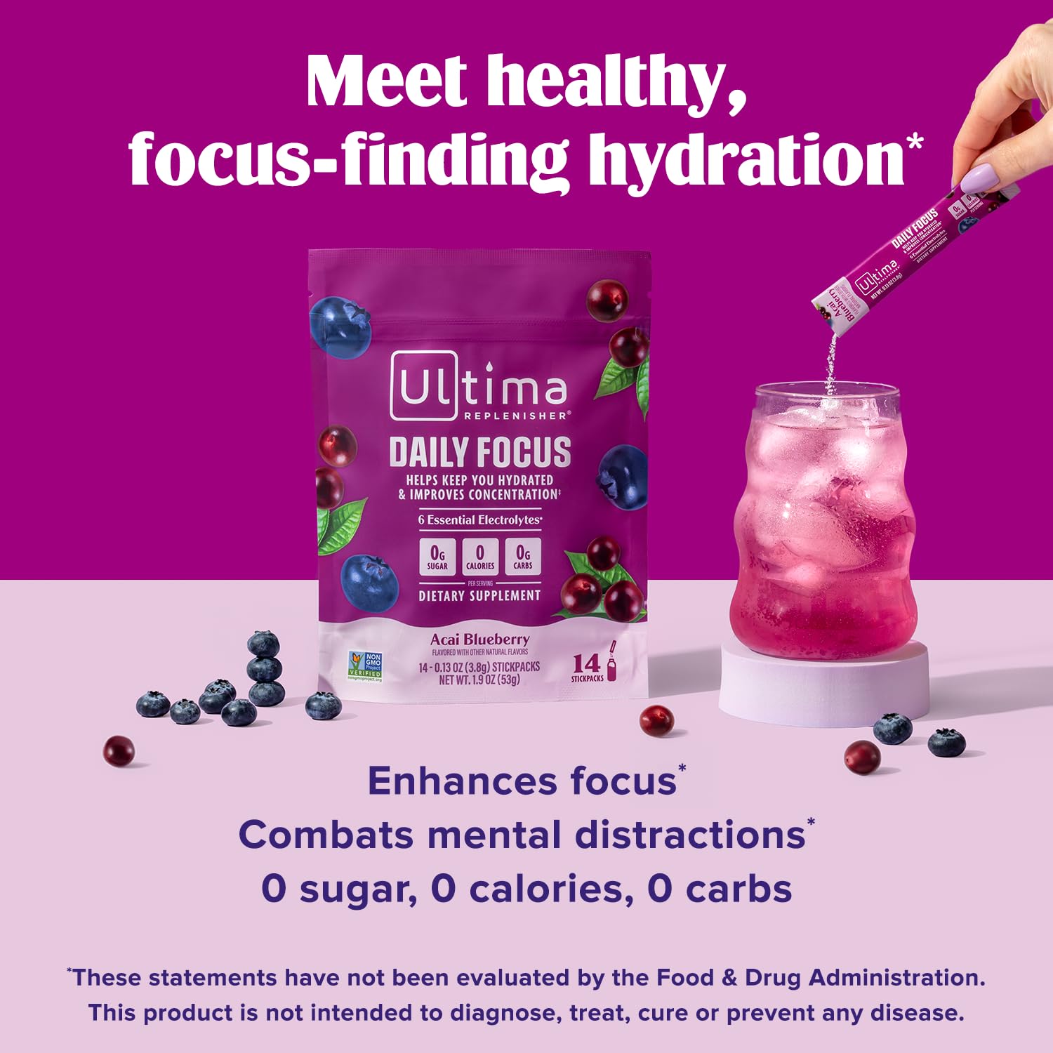 Close-up of Ultima Replenisher Daily Focus Electrolyte Powder ingredients
