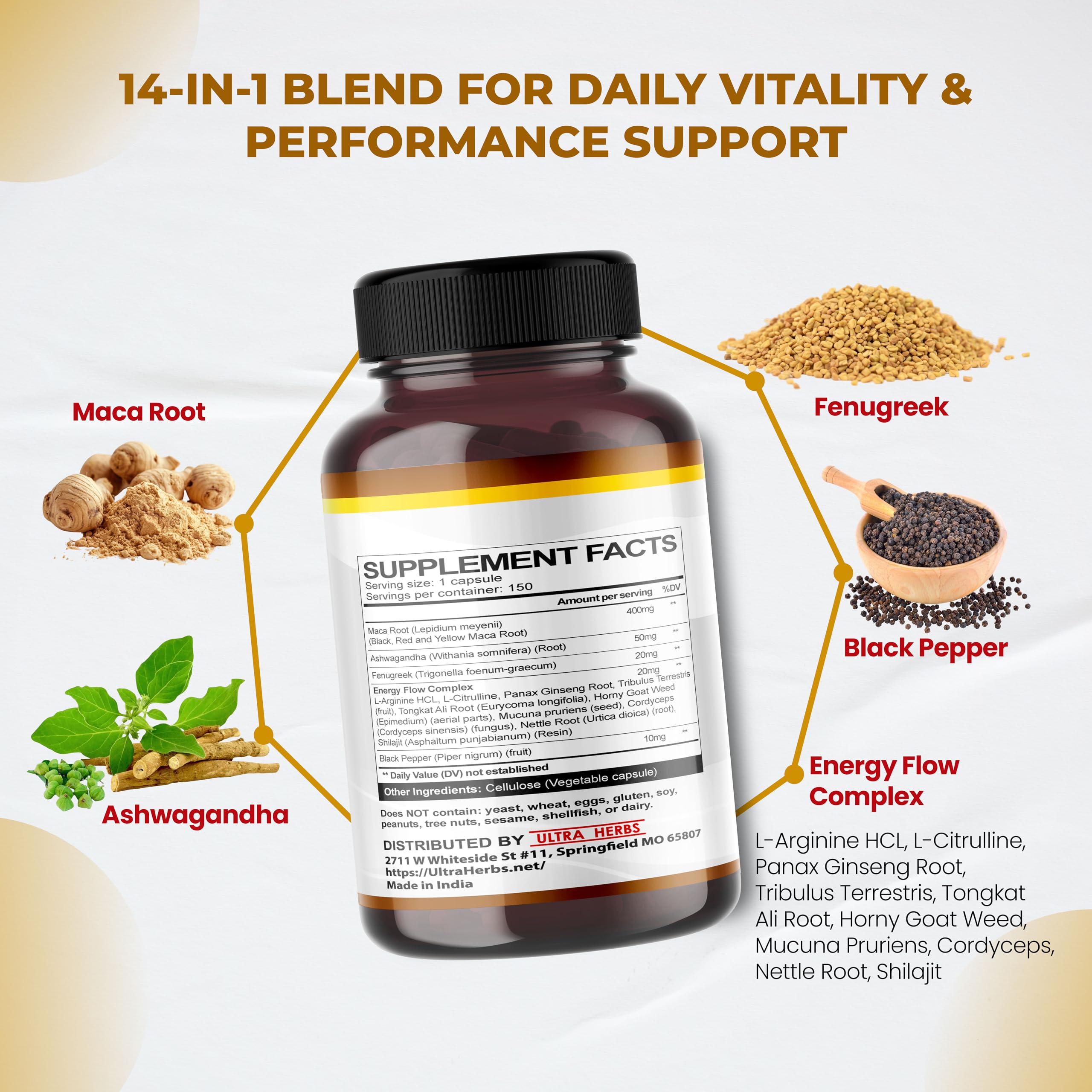 Close-up of ULTRA HERBS Maca Root Supplement capsule