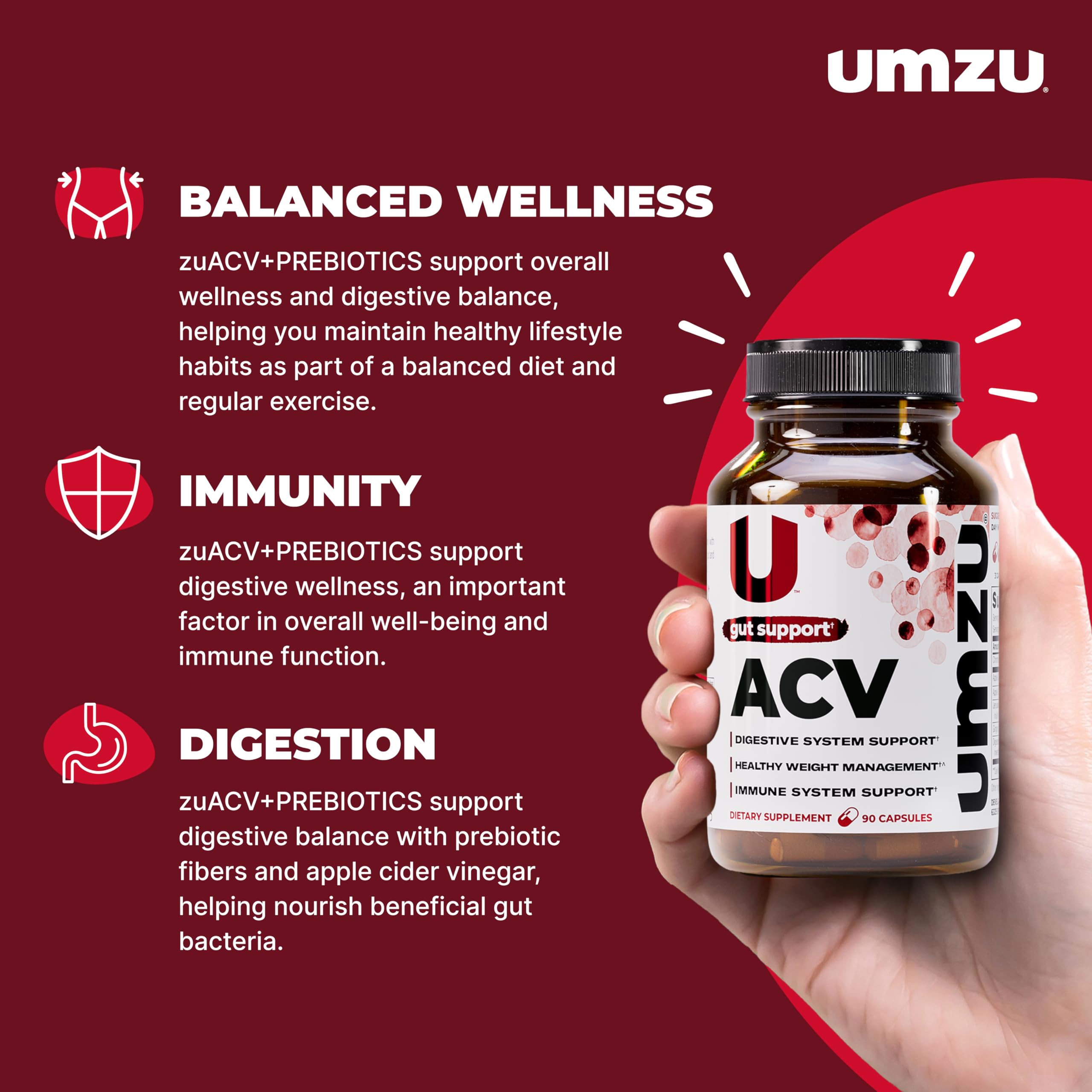 Close-up of UMZU Prebiotic Apple Cider Vinegar Capsules showing capsule details