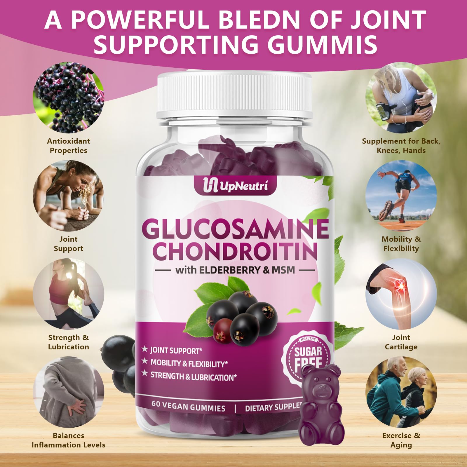 Close-up of UPNEUTRI gummies with elderberry flavour