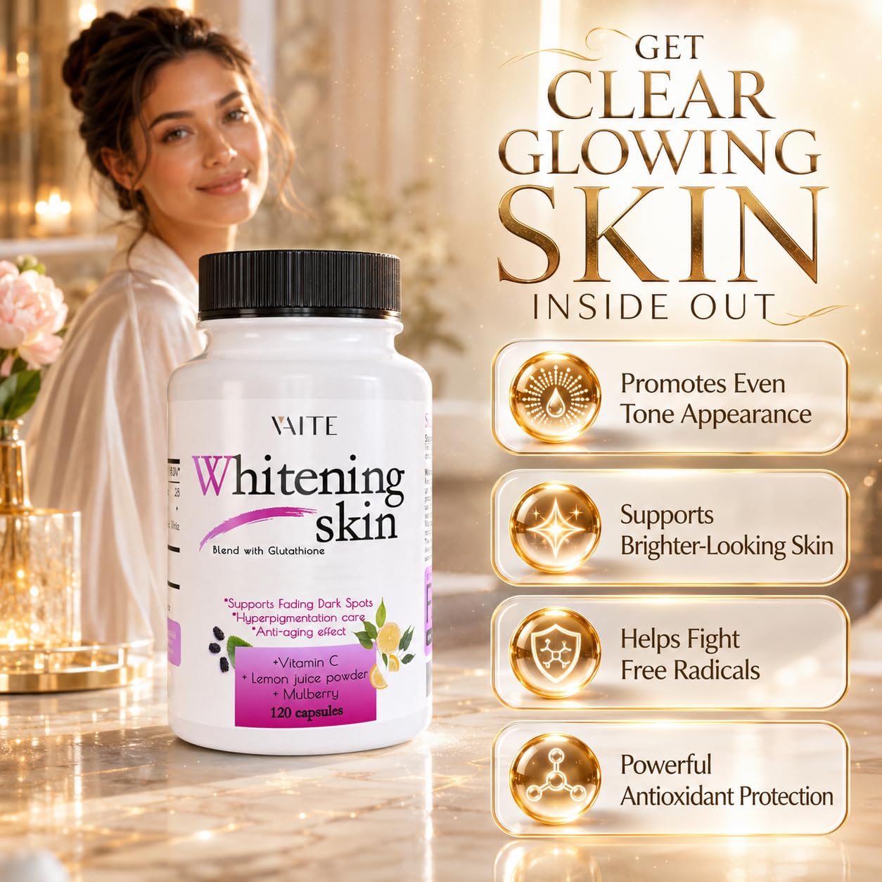 Close-up of VAITE Daily Skin Support Capsules showing the capsule