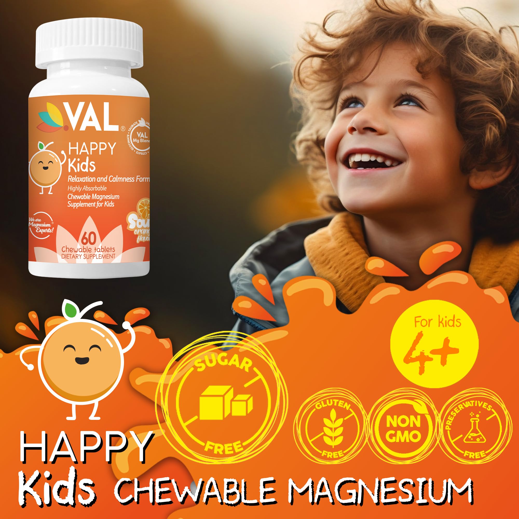 Close-up of VAL Magnesium Chewable Tablets showing sour orange flavour