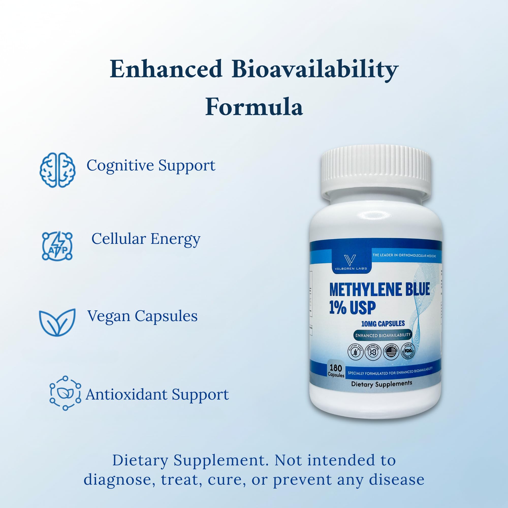 Close-up of Valboren Labs Methylene Blue Capsules bottle