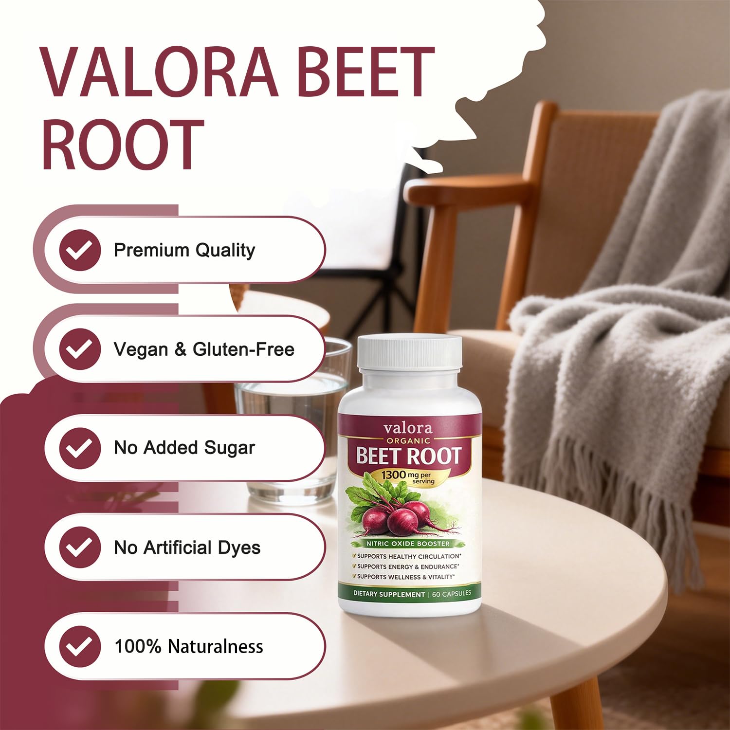 Close-up of Valora Beravia Beet Root Capsules showing dosage information