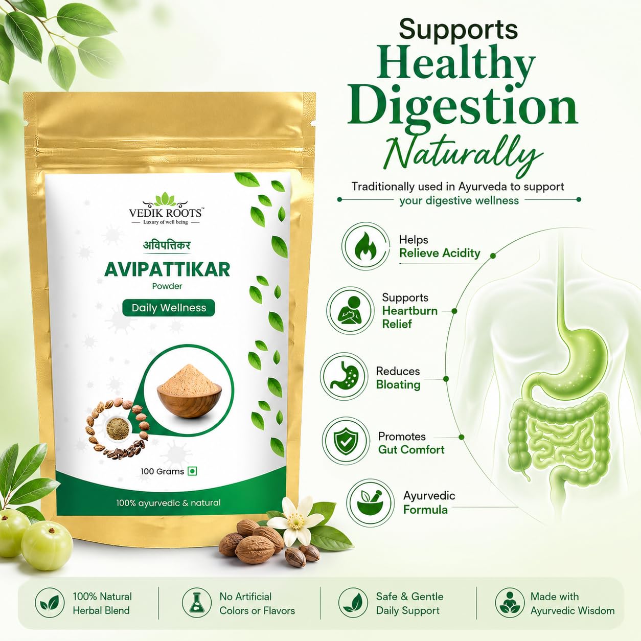 Close-up of VEDIKROOTS Avipattikar Churna powder