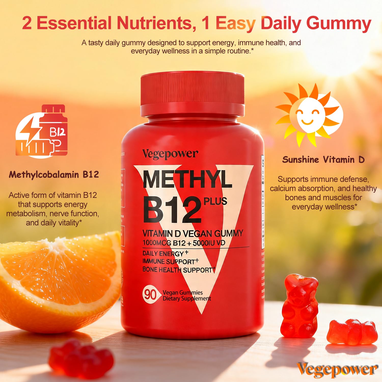 Close-up of VEGEPOWER Vegan Vitamin D3+B12 Gummies orange flavour