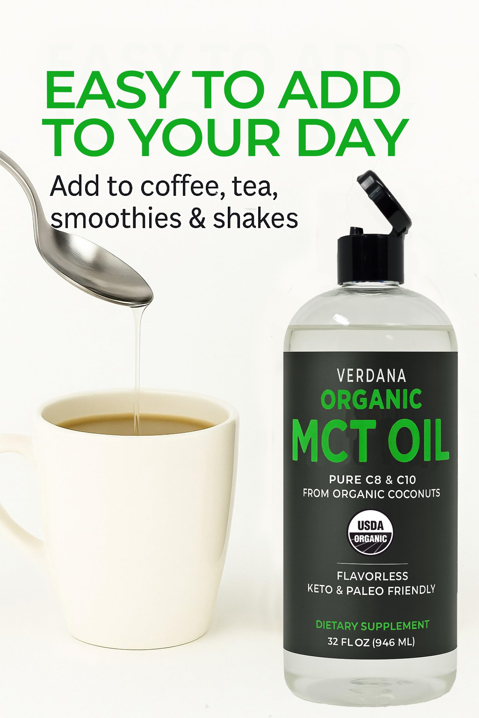 Close-up of Verdana MCT Oil pouring into a glass