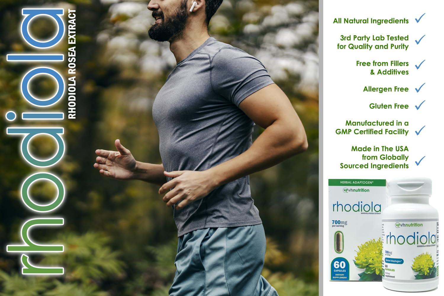 Close-up of VH Nutrition Rhodiola Rosea capsules