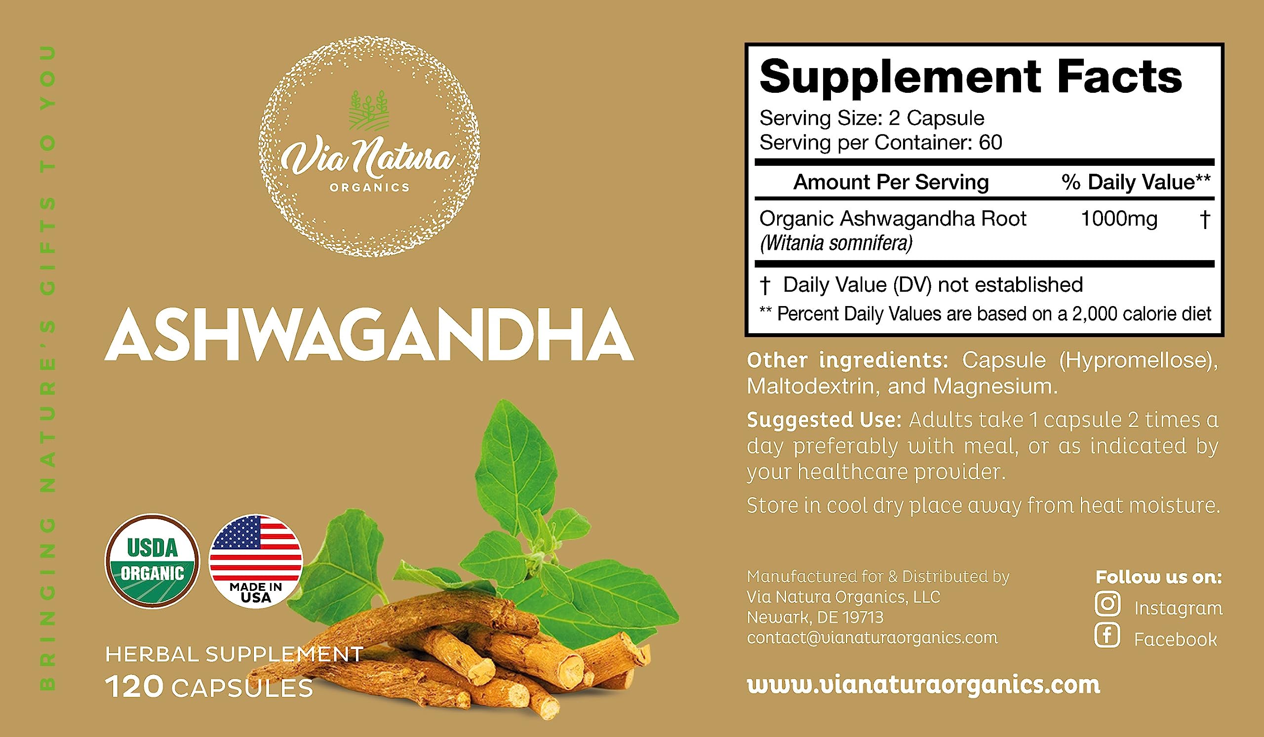 Close-up of Via Natura Organics Organic Ashwagandha capsules