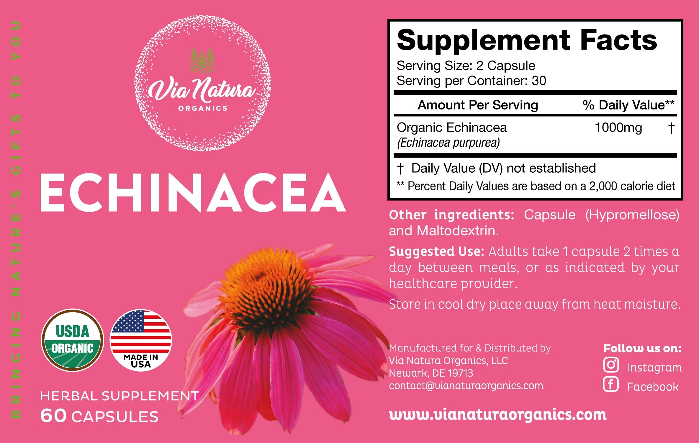 Close-up of Via Natura Organics Organic Echinacea Capsules bottle