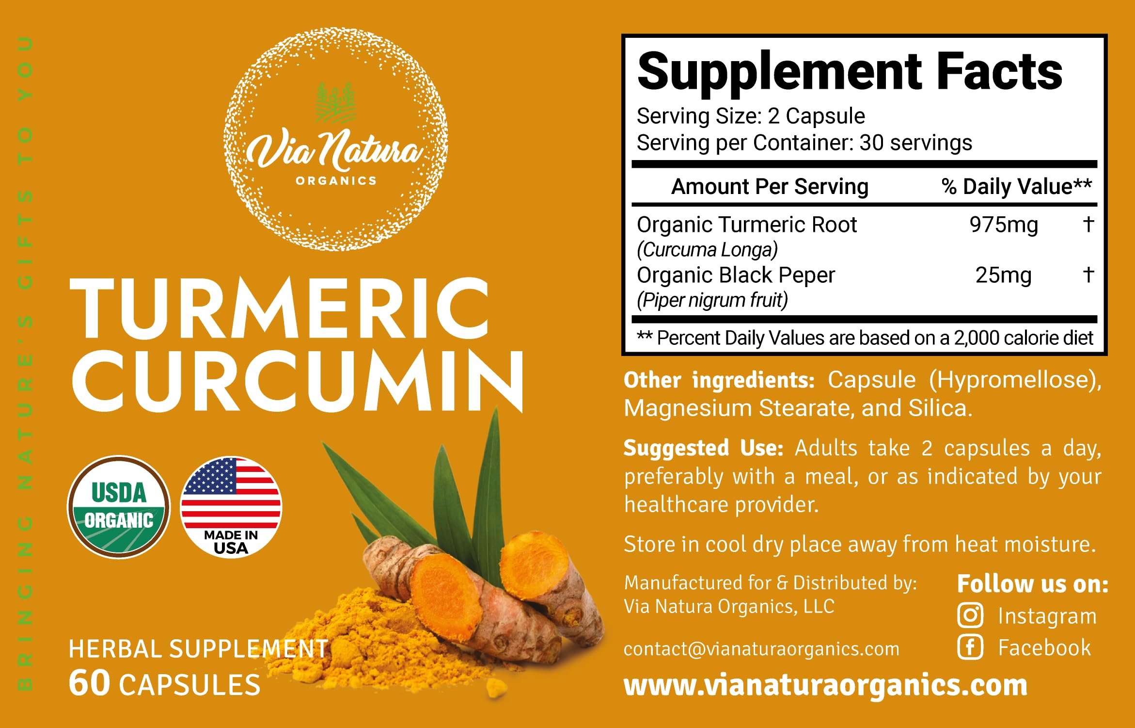Close-up of Via Natura Organics Turmeric Capsules showing label details