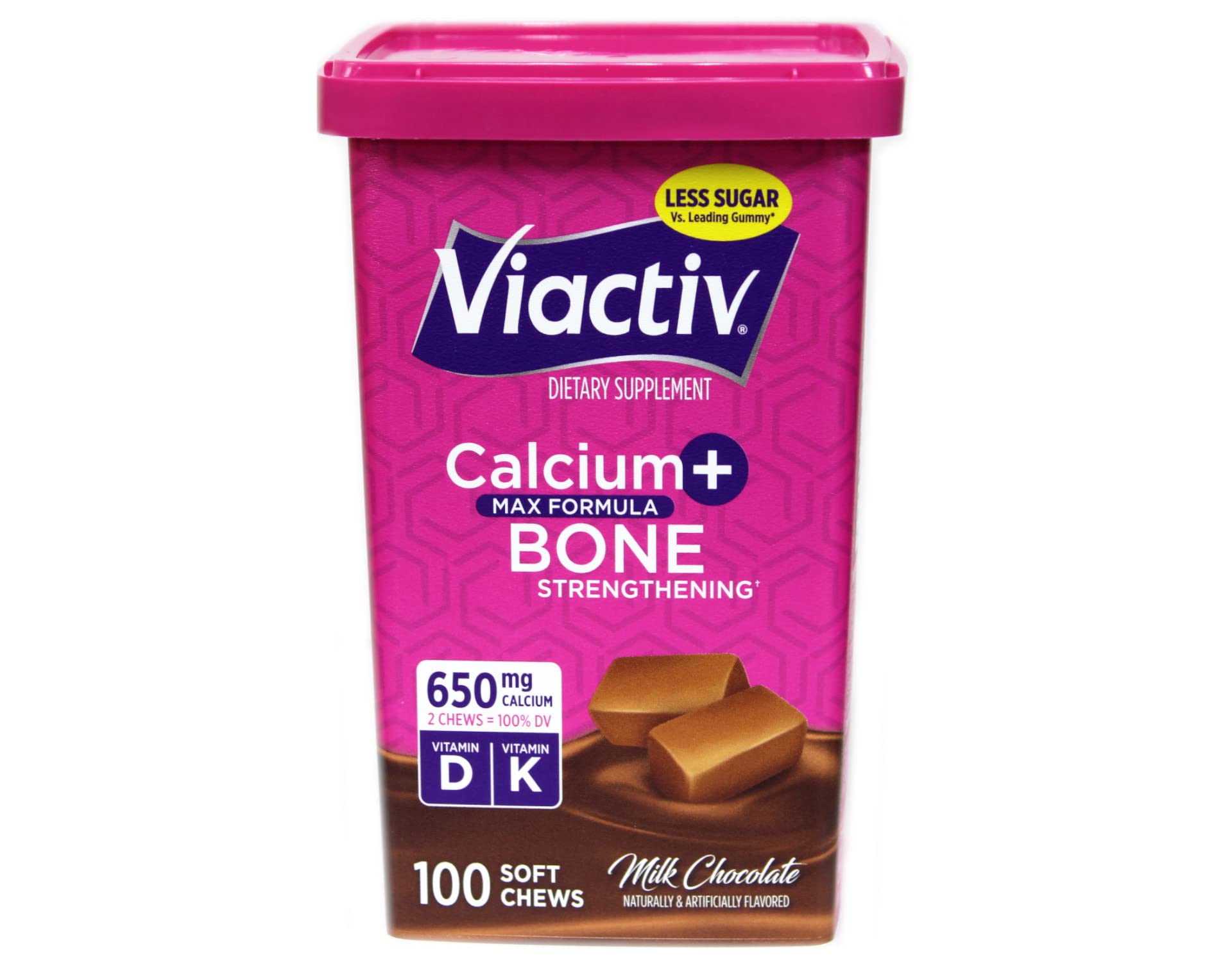 Close-up of Viactiv Calcium + Vitamin D3 Soft Chew showing milk chocolate flavour