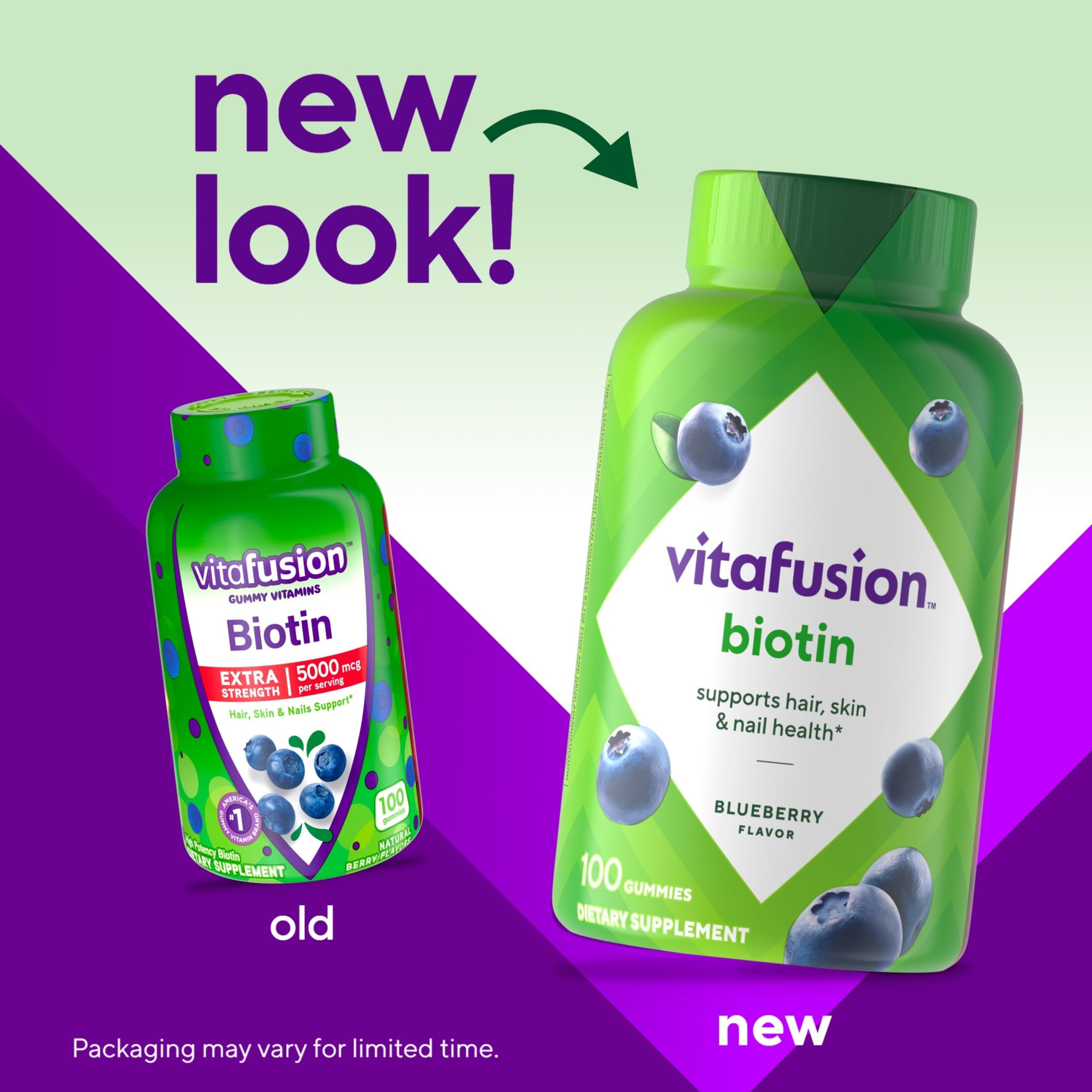 Close-up of Vitafusion Extra Strength Biotin Gummies showing blueberry flavour