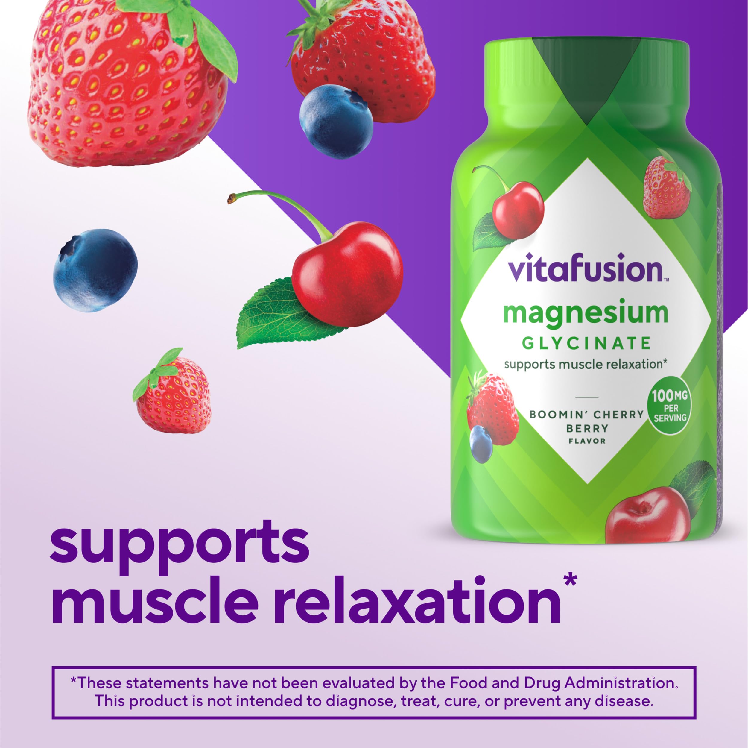 Close-up of Vitafusion Magnesium Glycinate Gummies in Cherry Berry flavour