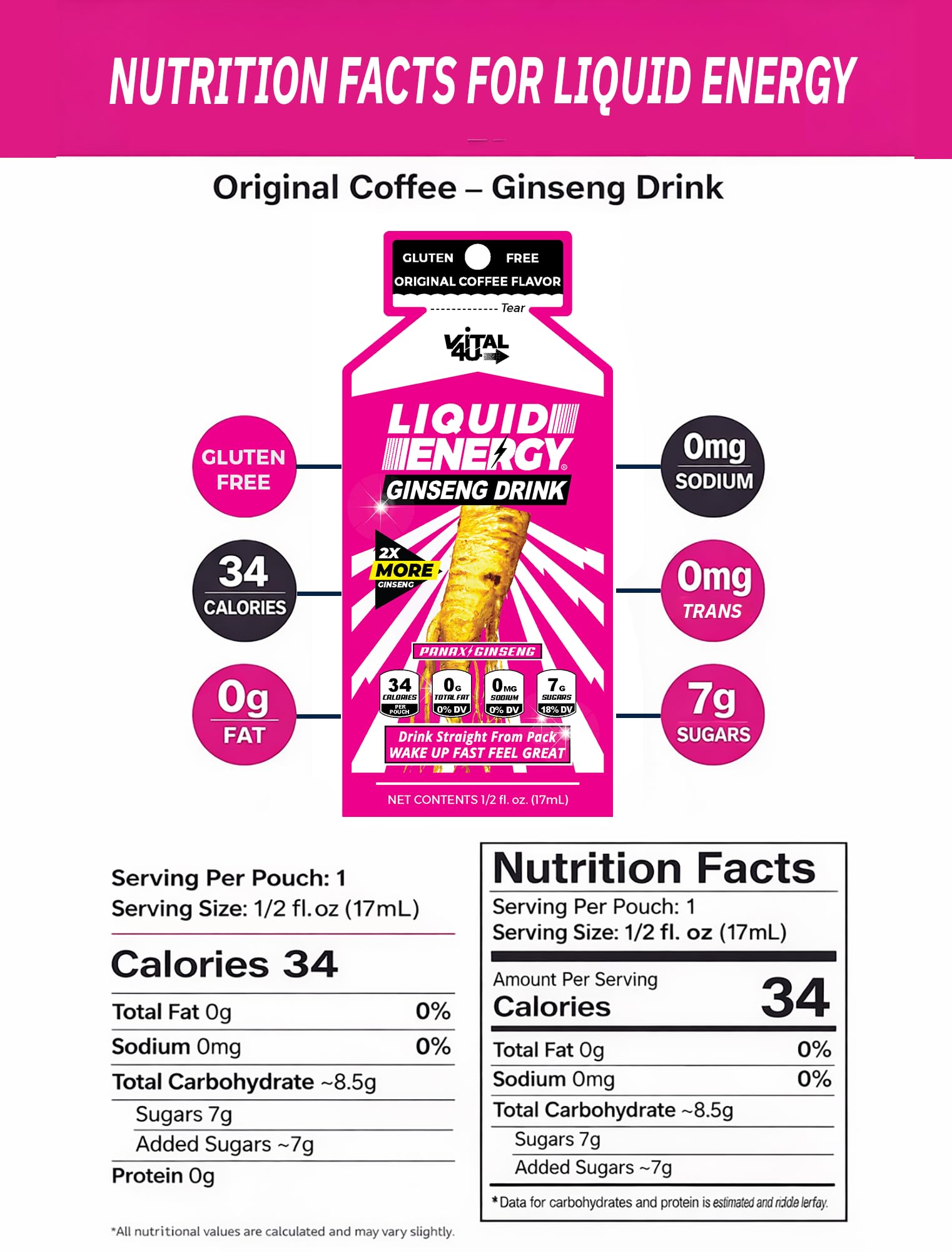 Close-up of VITAL 4U Ginseng Energy Shot pouch
