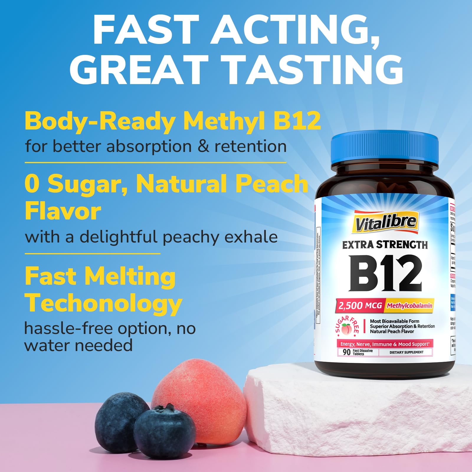 Close-up of Vitalibre Vitamin B12 tablet showing size and texture