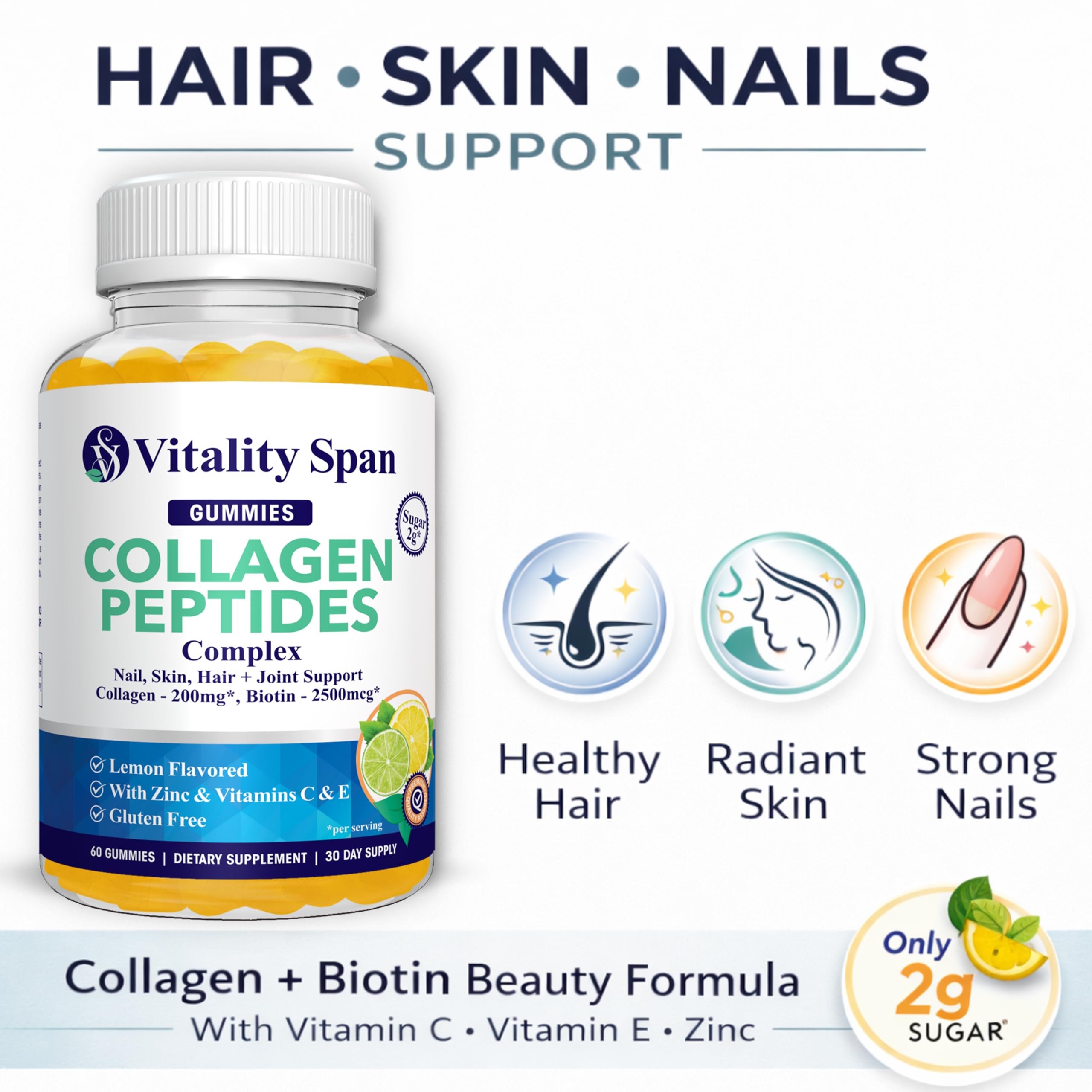 Close-up of Vitality Span Hair, Skin & Nails Gummies showing gummies