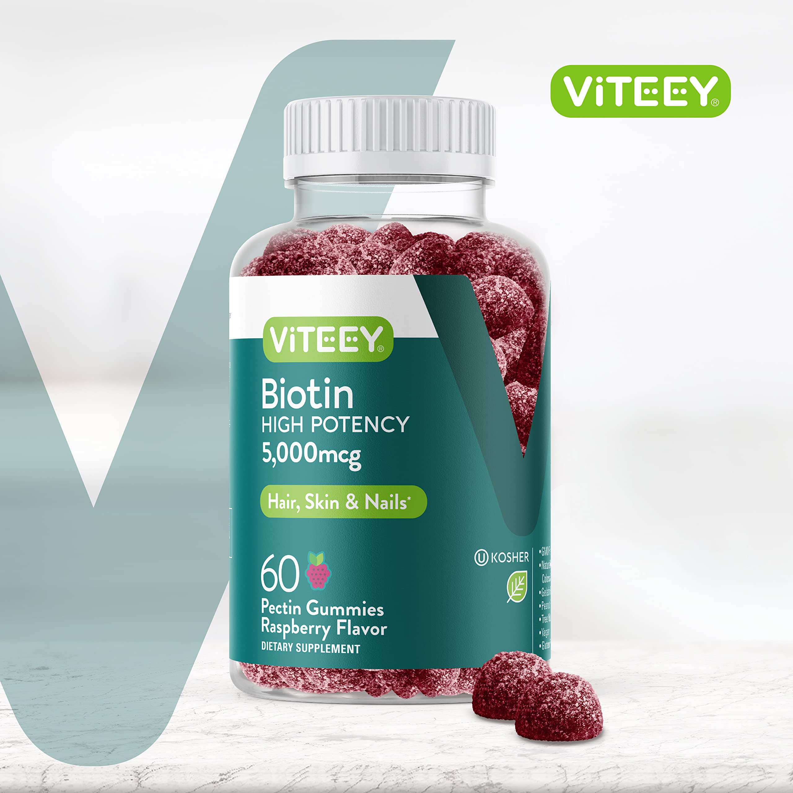 Close-up of Viteey Biotin Gummies raspberry flavour