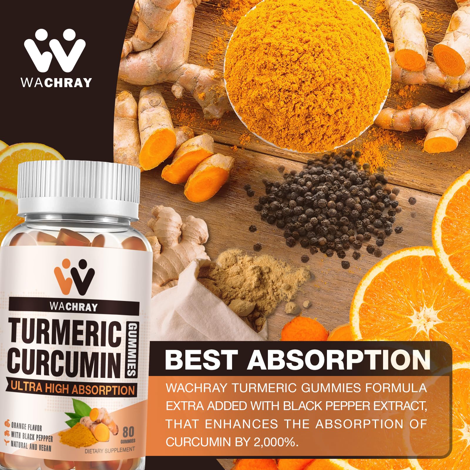 Close-up of WACHRAY Turmeric Curcumin Gummies showing texture
