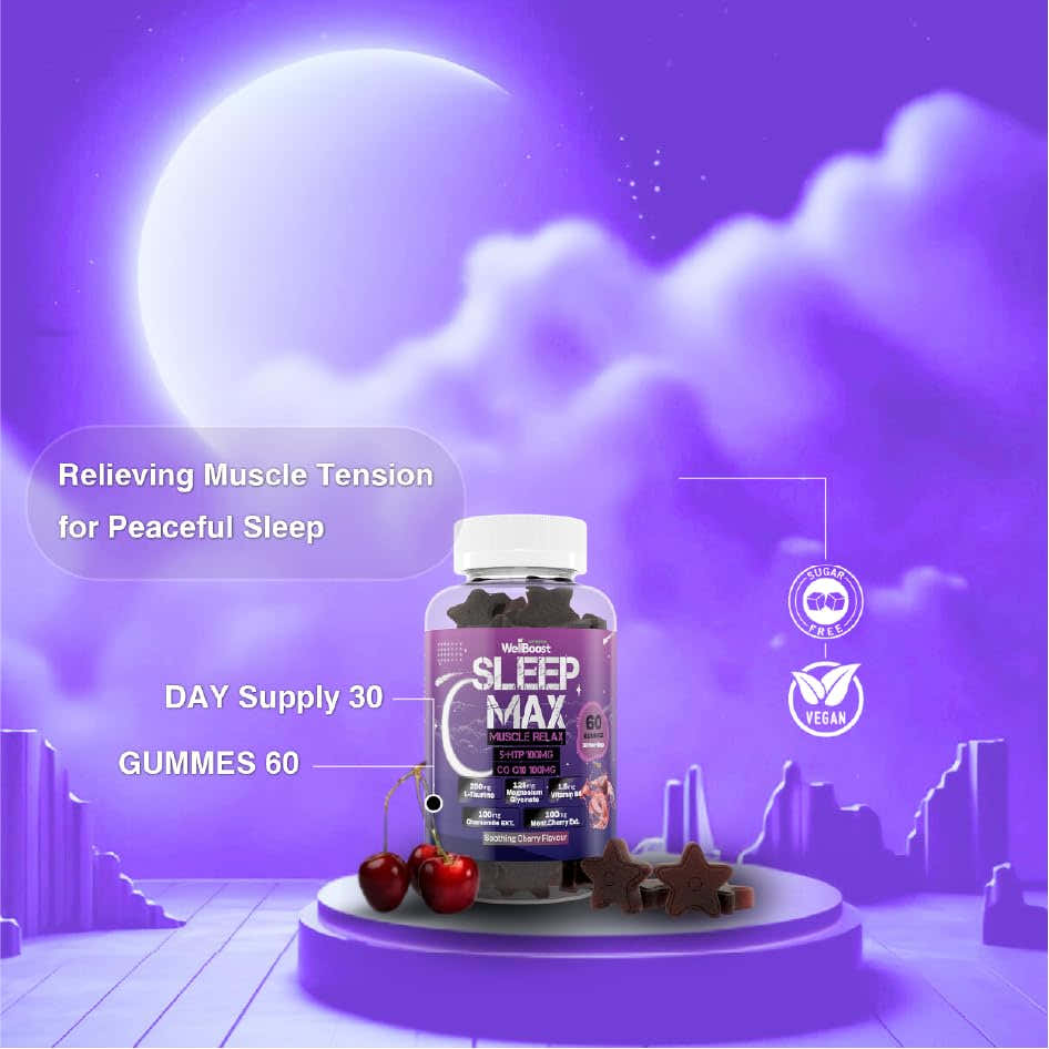 Close-up of WellBoost Sleep Max Gummies on a table