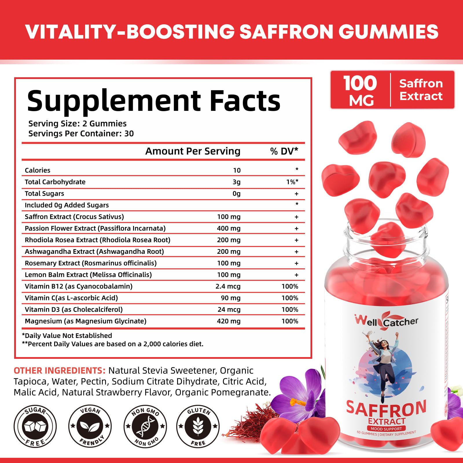 Close-up of Wellcatcher Saffron Gummies showing strawberry flavour
