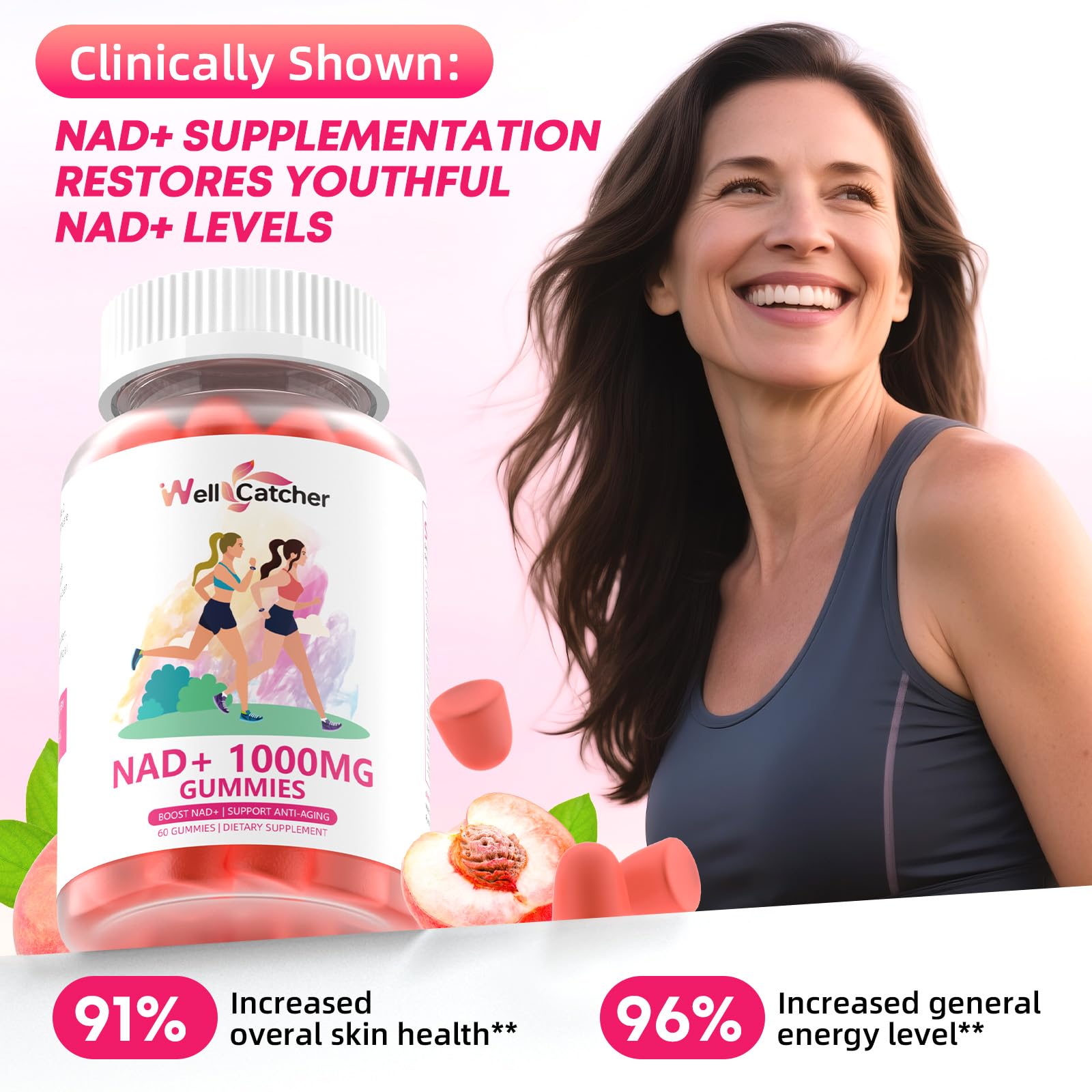 Close-up of Wellcatcher Vitamin B3 Niacin Gummies in peach flavour