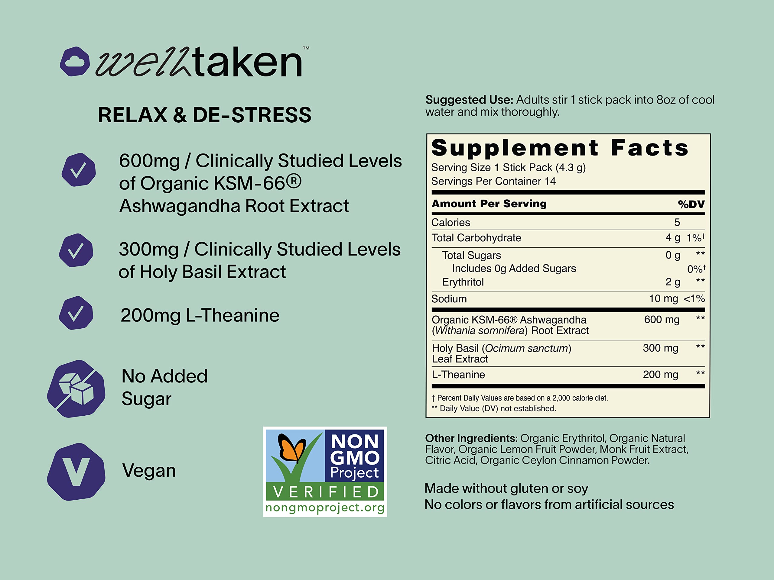 Close-up of WellTaken daily wellness & De-Stress Drink Mix ingredients