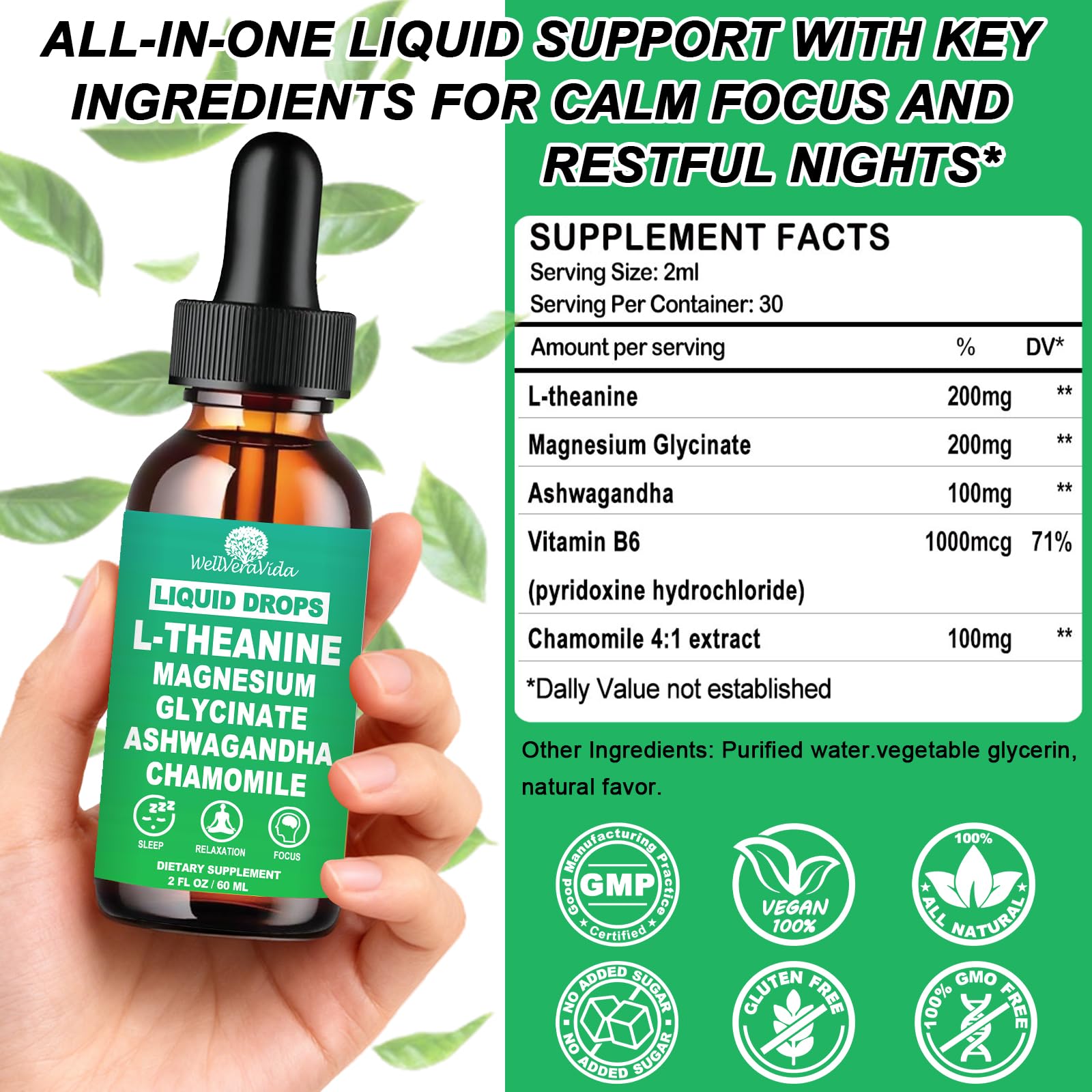 Close-up of WellVeraVida L-Theanine Liquid Drops bottle