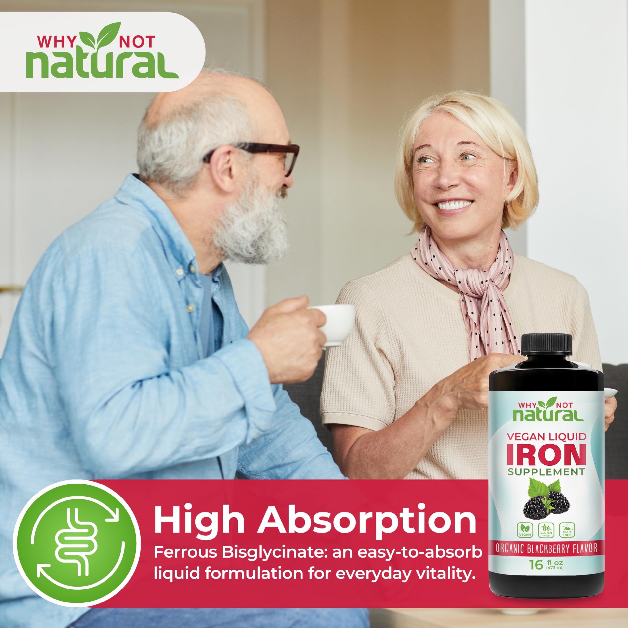 Close-up of Why Not Natural Liquid Iron Supplement bottle