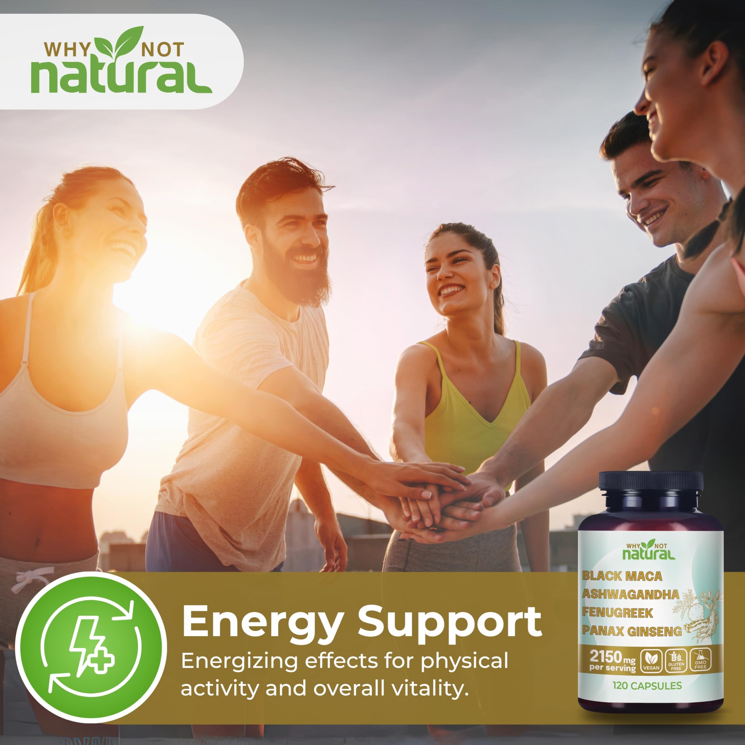 Close-up of Why Not Natural Organic Black Maca Root Ashwagandha Capsules bottle