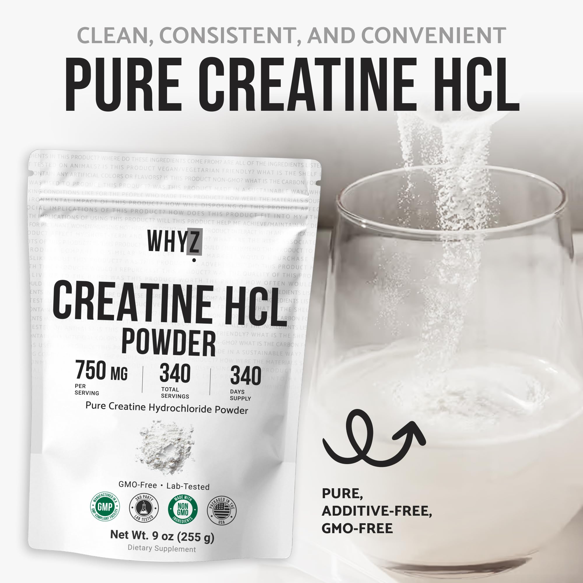 Close-up of WHYZ Creatine HCl Unflavoured Powder texture