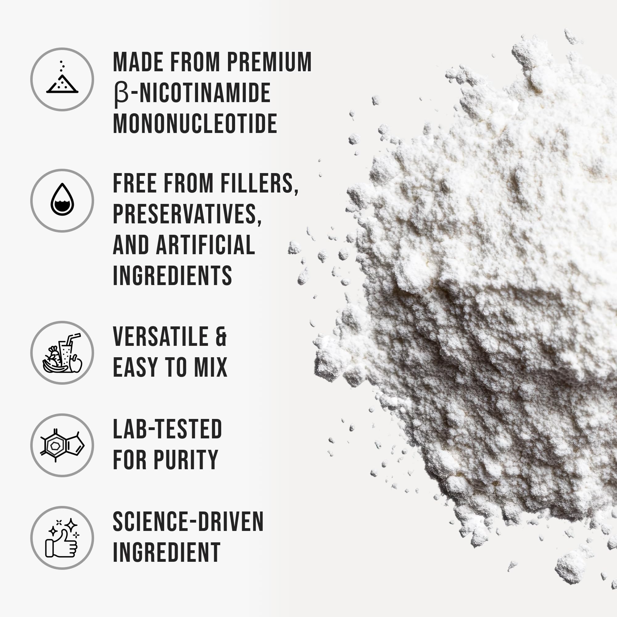 Close-up of WHYZ NMN Powder scoop and powder