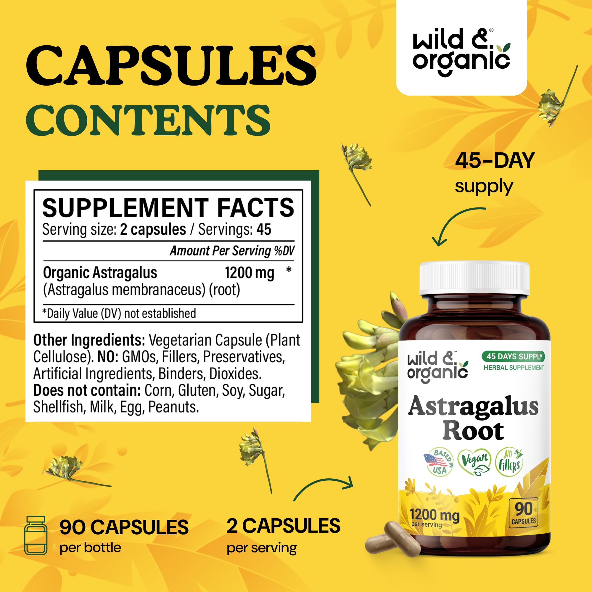 Close-up of Wild & Organic Astragalus Capsules