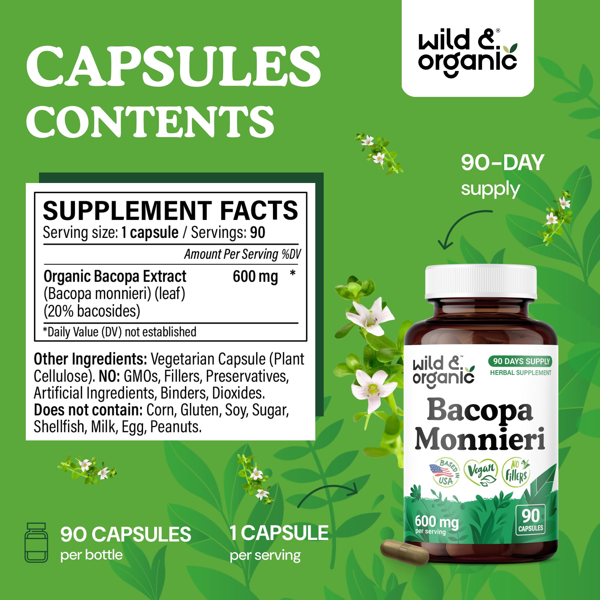 Close-up of Wild & Organic Bacopa Monnieri capsules