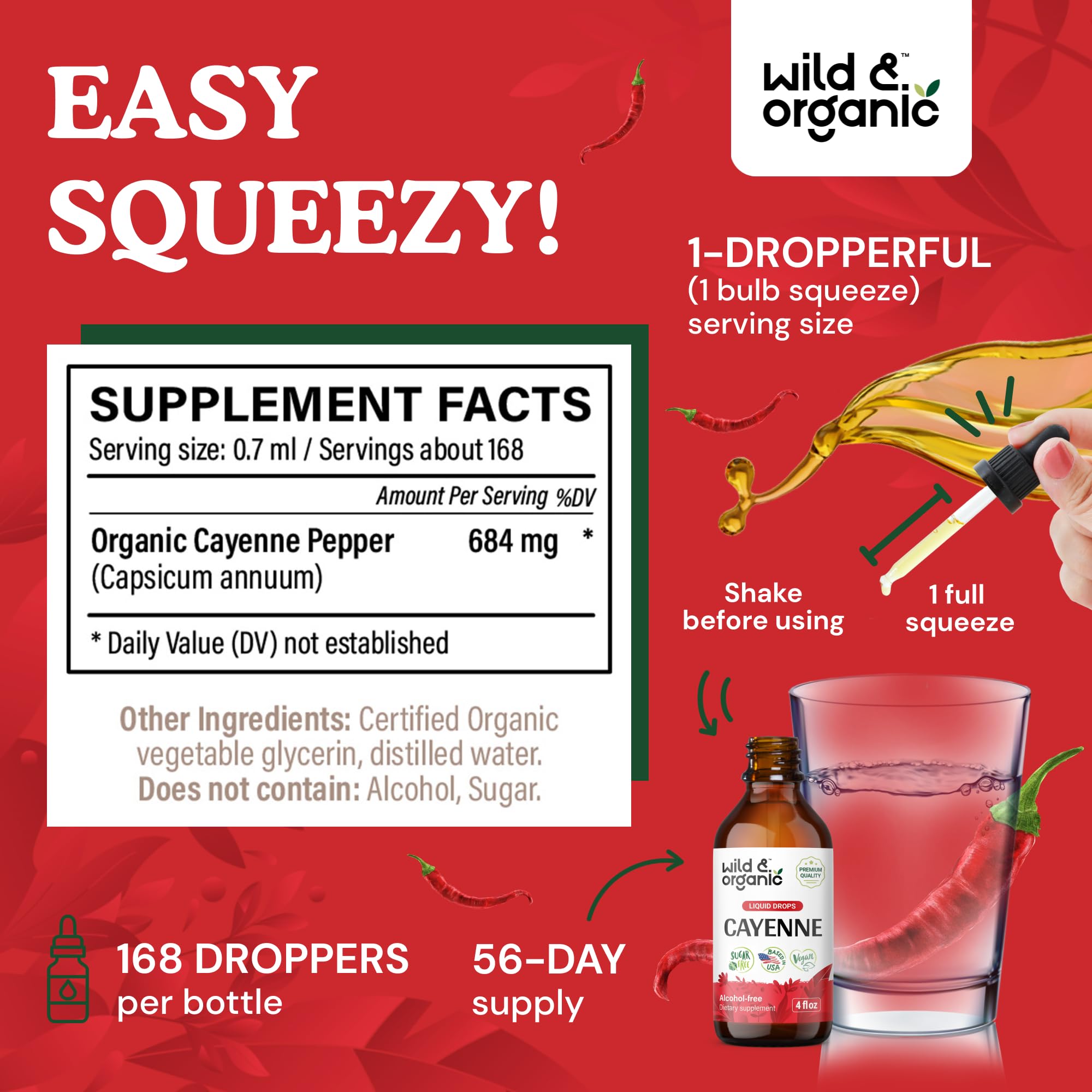 Close-up of Wild & Organic Cayenne Pepper Extract Liquid Drops dropper