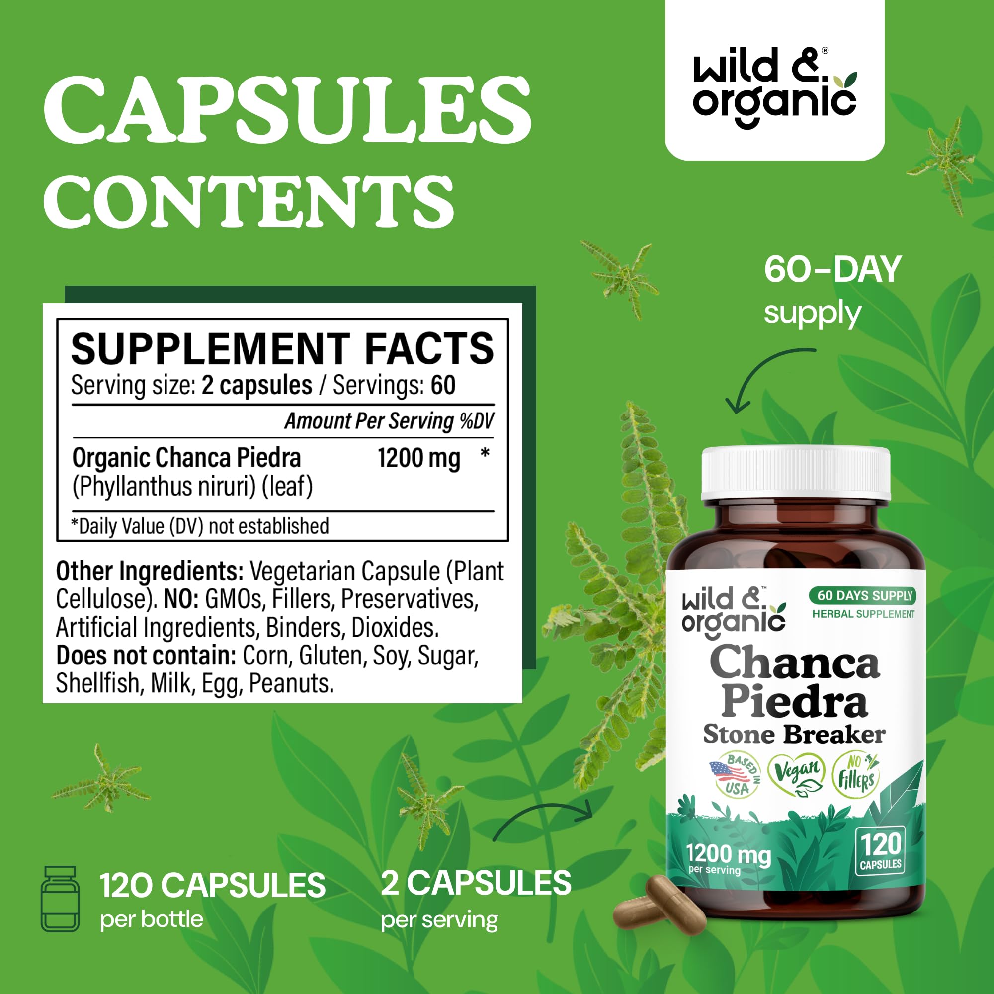 Close-up of Wild & Organic Chanca Piedra Capsules showing ingredients