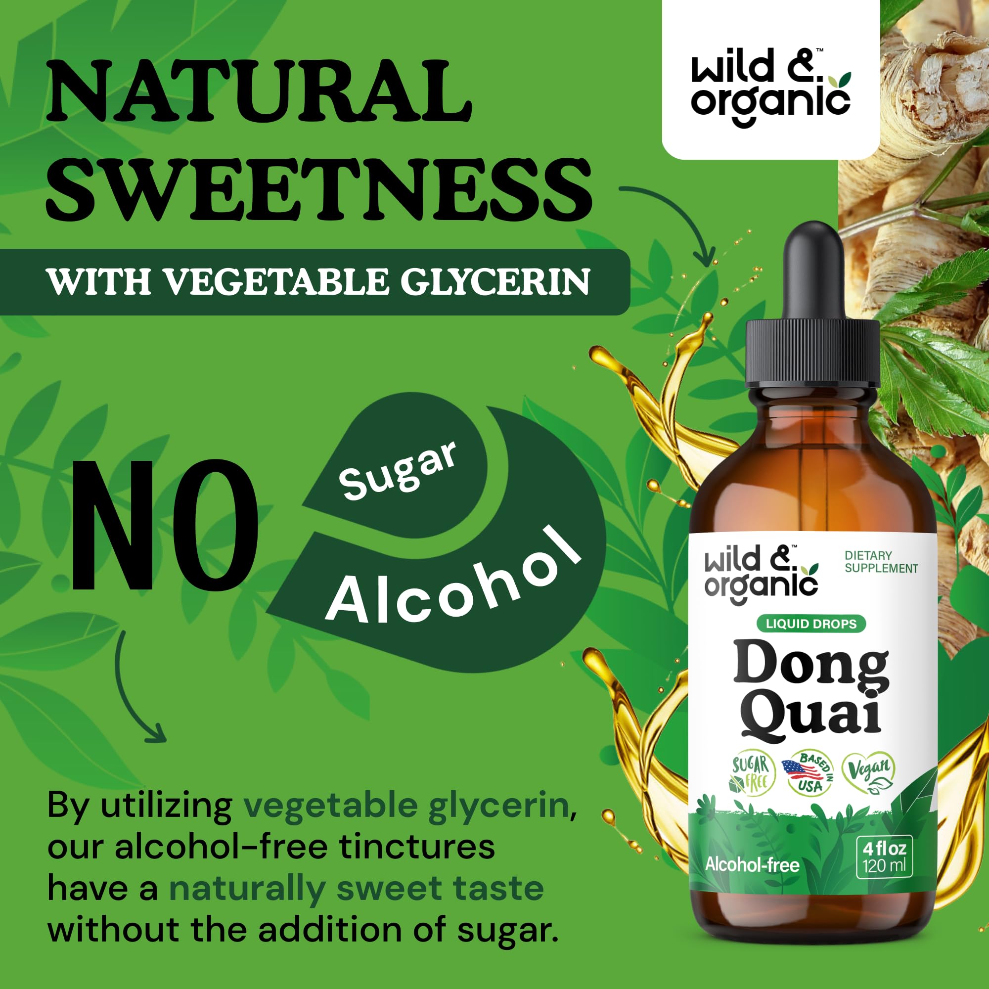 Close-up of Wild & Organic Dong Quai liquid drops
