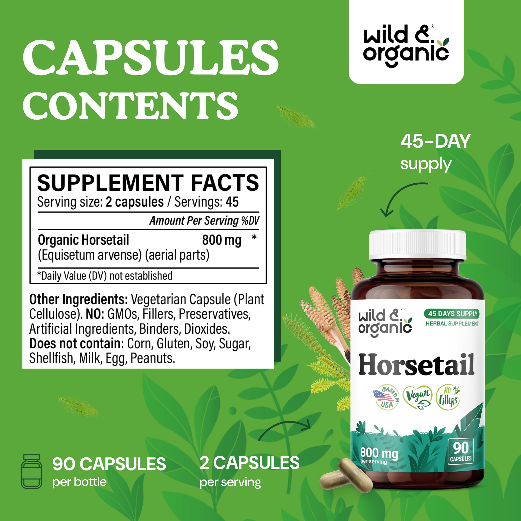Close-up of Wild & Organic Horsetail Herb Capsules 800mg