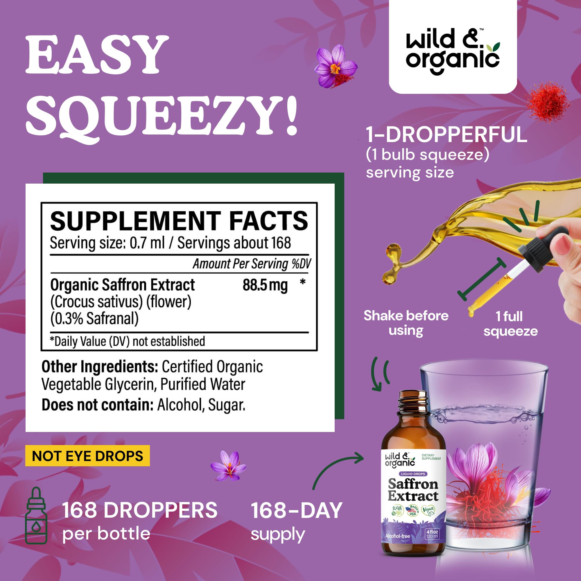 Close-up of Wild & Organic Saffron Extract Liquid Drops ingredients