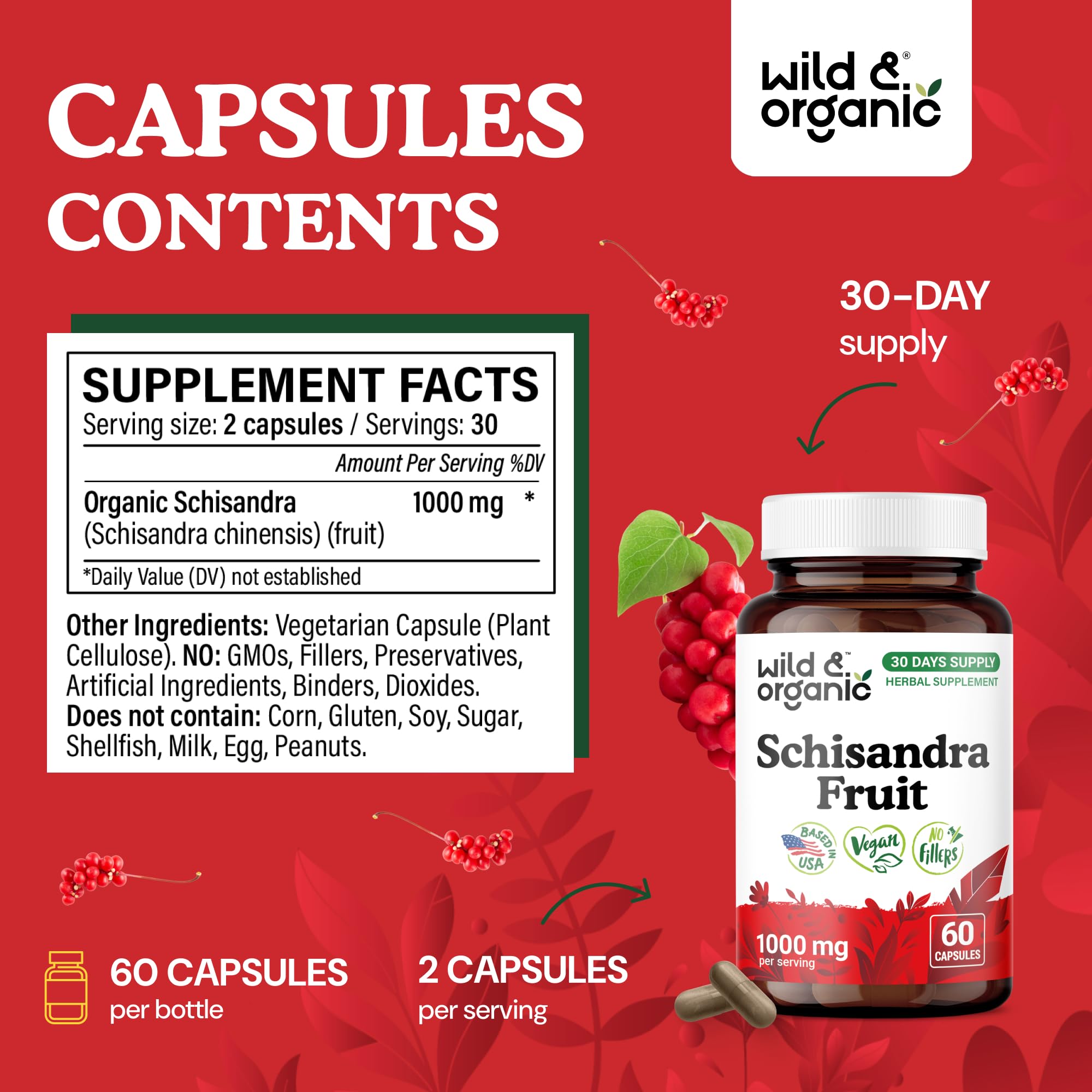 Close-up of Wild & Organic Schisandra Capsules showing capsule design