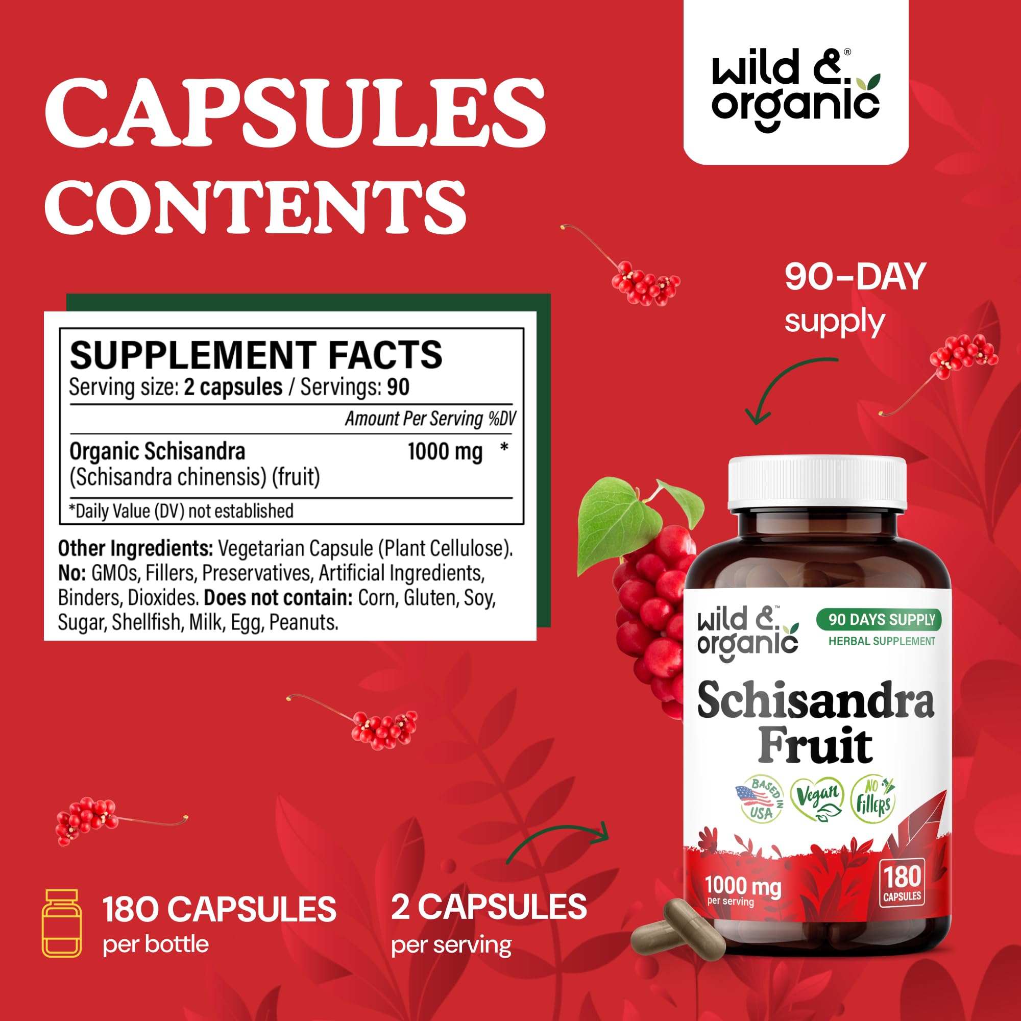 Close-up of Wild & Organic Schisandra Capsules showing capsule design