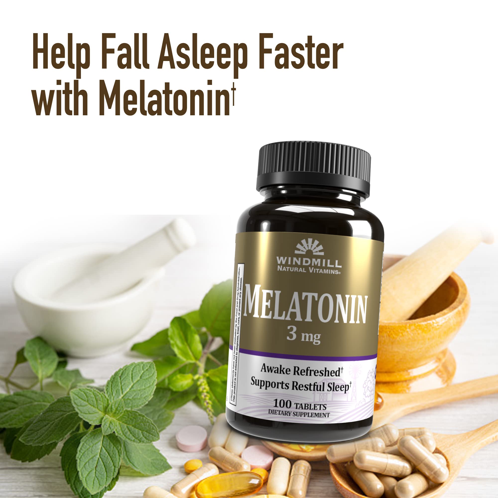 Close-up of Windmill Melatonin 3 mg tablet