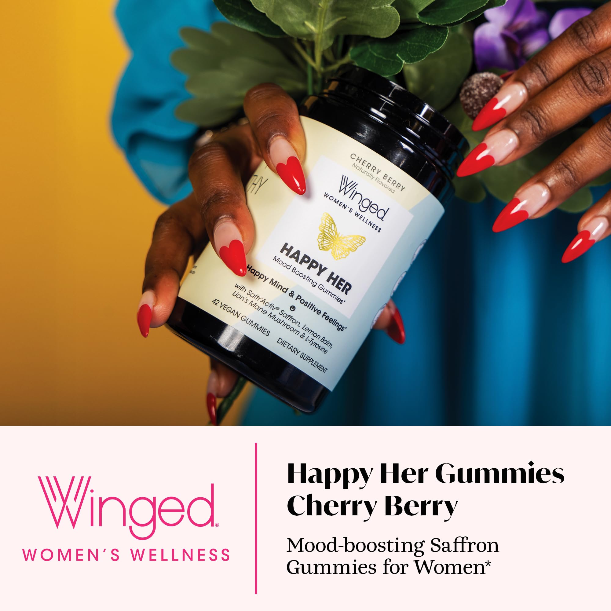 Close-up of Winged Happy Her Gummies showing individual gummies