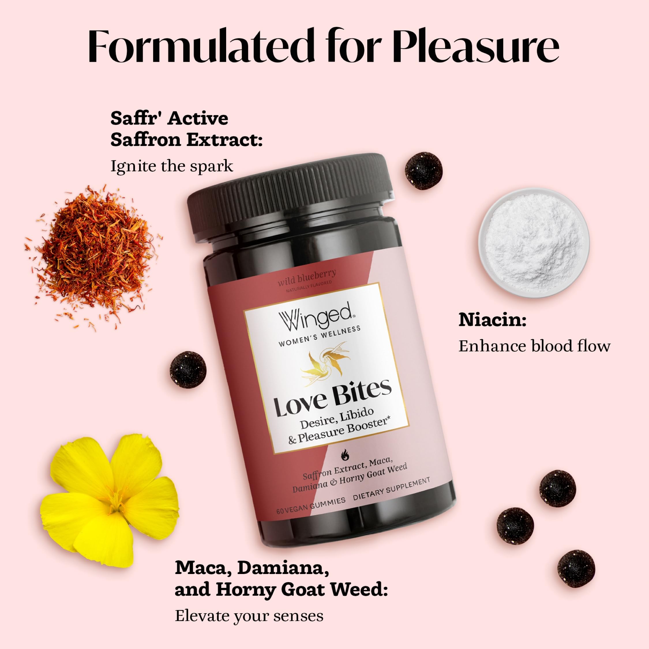 Close-up of Winged Wellness Love Bites Gummies, wild blueberry flavour