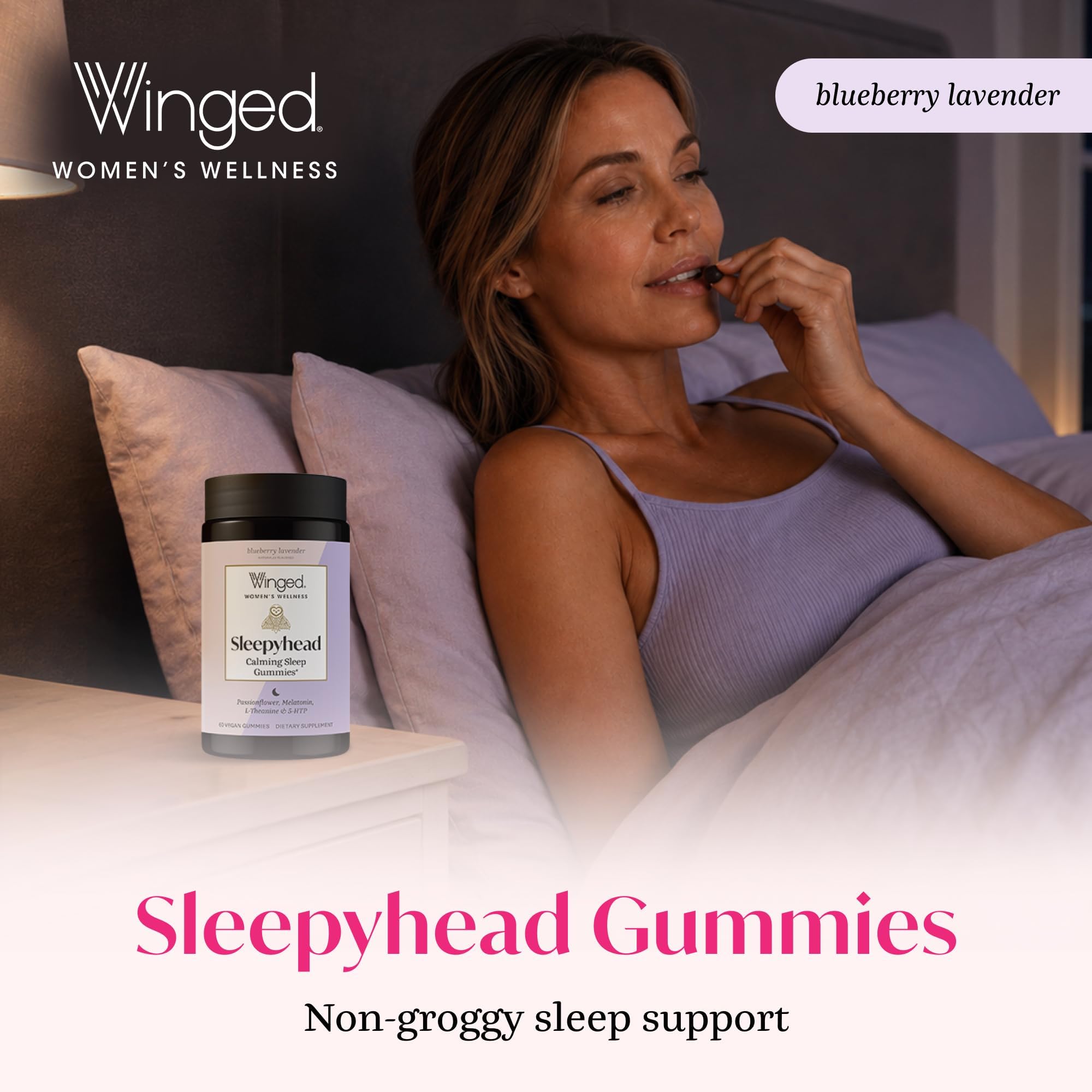 Close-up of Winged Wellness Sleepyhead Gummies in blueberry lavender flavour