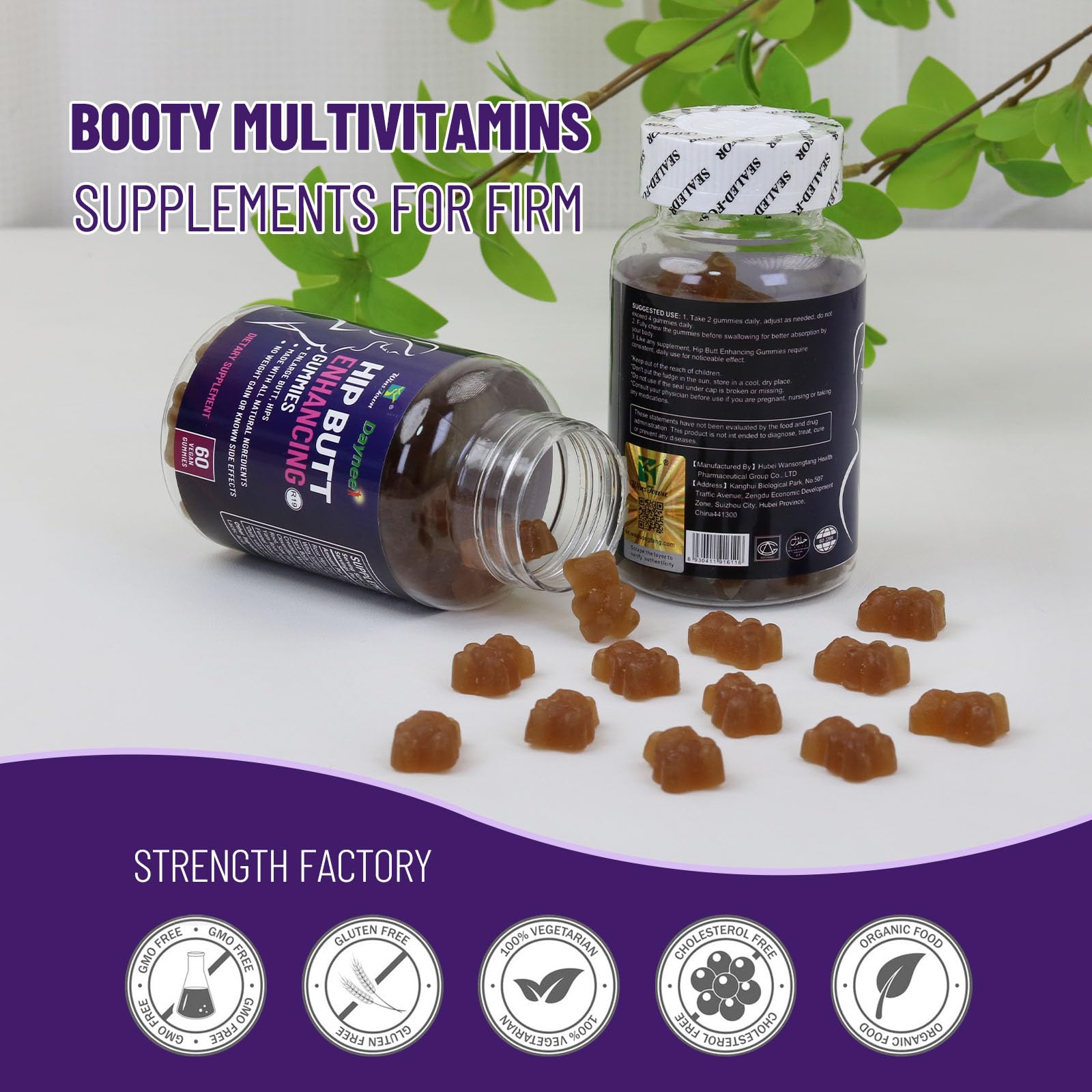 Close-up of Wins Town Multivitamin Gummies with botanical ingredients