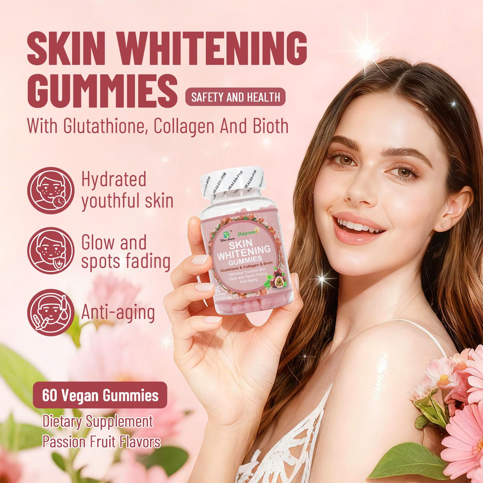 Close-up of Wins Town Skin Whitening Gummies showing texture