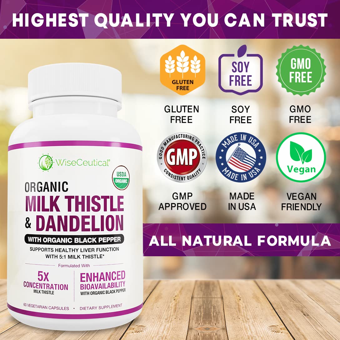 Close-up of Wiseceutical Organic Milk Thistle & Dandelion capsules